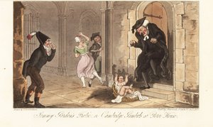 James Gordon, un noto ubriacone di Cambridge, lascia un bambino come scherzo davanti alla casa di un decano del college. Le follie di Jemmy Gordon, o le scorribande di Cambridge a Peter House. Incisione a mano colorata disegnata e incisa da Thomas Rowlands