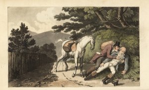 Johnny aiuta un viaggiatore caduto da cavallo. Incisione colorata a mano di Thomas Rowlandson dal libro di William Combe 
