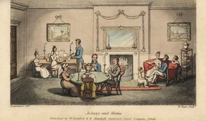 Johnny che corteggia Maria in un salotto mentre altri giocano a carte e cantano canzoni davanti al focolare da Thomas Rowlandson