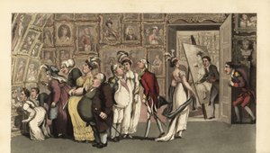 Johnny in servizio al pittore di ritratti Carmine nella sua galleria. Quando è solo, Johnny deturpa i ritratti con il gesso e provoca un putiferio. Incisione a mano colorata su rame di Thomas Rowlandson da La storia di Johnny Quae Genus, il piccolo trova da Thomas Rowlandson