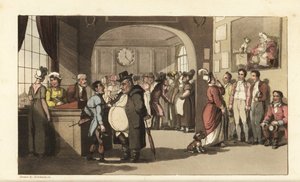 Johnny in cerca di lavoro in un ufficio di collocamento per domestici. Uomini e donne con monocolo esaminano facchini, cameriere e altro personale. Incisione a mano colorata su rame di Thomas Rowlandson da La storia di Johnny Quae Genus di William Combe, i