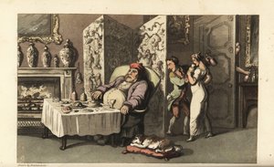 Johnny offre di nascosto un bicchiere di vino alla cameriera Molly nel salotto mentre Sir Jeffery Gourmand dorme al tavolo da pranzo. Quasi sorpreso da un altro servitore alla porta. Incisione a mano colorata su rame di Thomas Rowlandson da La storia di Jo