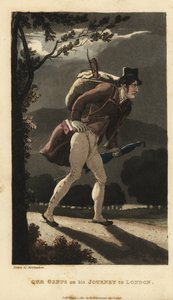 Johnny cammina sulla strada illuminata dalla luna verso Londra. Ha uno zaino con un violino, un libro nella tasca del cappotto e porta un ombrello. Incisione a mano colorata su rame di Thomas Rowlandson da La storia di Johnny Quae Genus di William Combe, i da Thomas Rowlandson