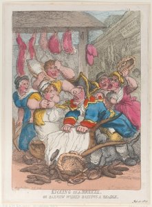 Alzando una brezza o donne con la carriola che bastonano un beadle da Thomas Rowlandson