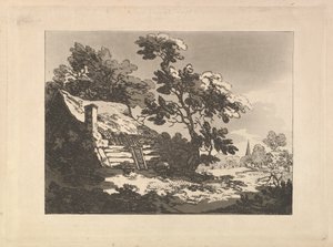 Paesaggio con cottage tra gli alberi a sinistra e una guglia di chiesa in lontananza a destra da Thomas Rowlandson