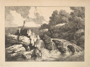 Paesaggio con due pescatori che scalano rocce vicino a una cascata da Thomas Rowlandson