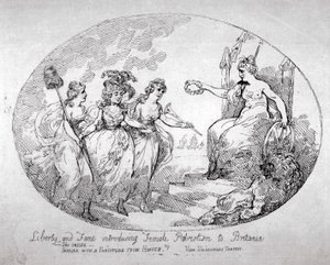 Libertà e Fama introducono il Patriottismo Femminile a Britannia da Thomas Rowlandson