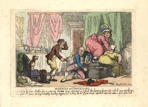 Uomo e due donne che non riescono a chiudere un baule pieno da Thomas Rowlandson