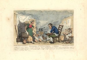 Uomo che usa il mantice davanti a un fuoco in una stanza fumosa da Thomas Rowlandson