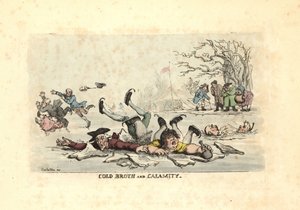 Uomini e donne che pattinano sul ghiaccio sottile e cadono in un fiume gelato da Thomas Rowlandson