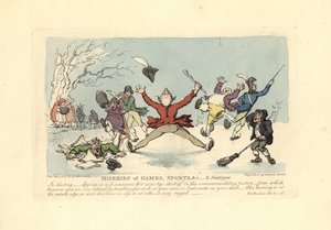Uomini che cadono sui pattini da ghiaccio, un altro che cade attraverso il ghiaccio da Thomas Rowlandson
