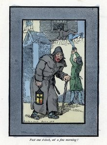 Guardiano notturno con la sua lanterna e bastone, disattento a due ladri che entrano in una casa dietro di lui (incisione su legno, basata su un dipinto di Thomas Rowlandson) da Thomas Rowlandson