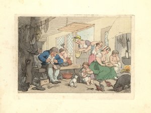 Calzolaio del periodo Regency che ripara scarpe in una stanza affollata da Thomas Rowlandson