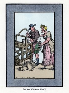 Riparatore ambulante e cliente che mostra il fondo di una pentola. Colpisce una pentola di metallo con un martello su una panca portatile. Incisione su legno, basata su un dipinto di Thomas Rowlandson (1756-1827), pubblicata in The Cris of London: con sei  da Thomas Rowlandson