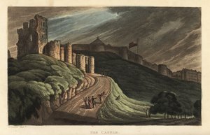 Castello di Scarborough: turisti che camminano sulla collina verso il castello di pietra del XII secolo. Incisione colorata a mano di Thomas Rowlandson dopo uno schizzo di J. Green da 