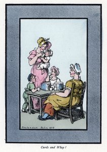 Donna seduta che vende latte di quaglia e latte a una madre e ai bambini (1819). Incisione su legno, basata su un dipinto di Thomas Rowlandson (1756-1827), pubblicata in The Cris of London: con sei bambini affascinanti e quasi 40 illustrazioni, di Andrew T da Thomas Rowlandson
