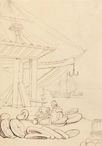 Schizzo di una donna e dei suoi bambini seduti su una banchina portuale da Thomas Rowlandson