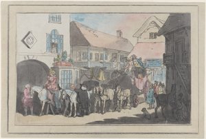 Diligenza e cavalieri nel cortile di una locanda, pronti a partire da Thomas Rowlandson