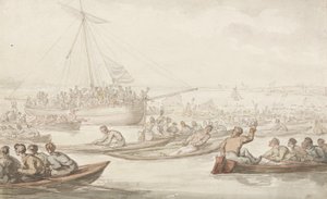 La gara annuale di canottaggio per il cappotto e il distintivo di Doggett da Thomas Rowlandson