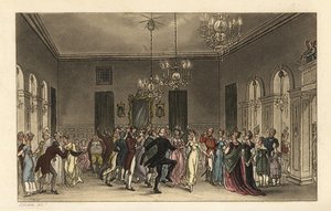 La sala da ballo: turisti alla moda che ballano nelle Assembly Rooms di Scarborough. Ogni gentiluomo che balla paga 2s, e ogni signora che beve tè paga 1s. Incisione a mano colorata di Thomas Rowlandson da Poetical Sketches of Scarborough, Ackermann, Londr da Thomas Rowlandson