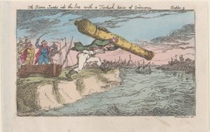Il barone si tuffa in mare con un pezzo di artiglieria turca, [1809], ripubblicato nel 1811 da Thomas Rowlandson