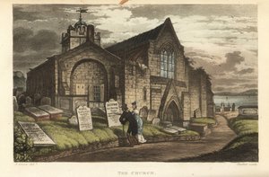 La chiesa: vecchi turisti che leggono le lapidi in un cimitero gotico. Incisione a mano colorata da Thomas Rowlandson, acquaforte di J.C. Stadler, da uno schizzo di J. Green da Poetical Sketches of Scarborough, Ackermann, Londra da Thomas Rowlandson