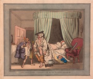 Il dottore chiamato o il falso allarme, pub. 1786 (incisione colorata a mano) da Thomas Rowlandson