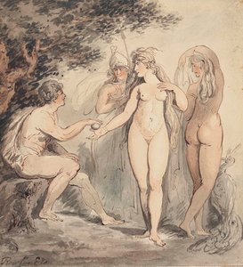 Il giudizio di Parigi, firmato "Rowlandson" (in basso a sinistra), penna e inchiostro bruno e acquerello, 7 ¼ x 6 ¾ pollici. (18,4 x 17,2 cm.) da Thomas Rowlandson