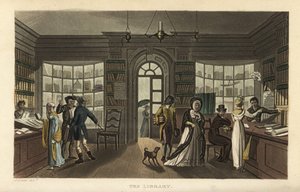 La biblioteca. Clienti, inclusa una donna e il suo servo nero, che guardano nuovi libri in una biblioteca circolante. Incisione a mano colorata da Thomas Rowlandson da uno schizzo di J. Green da Poetical Sketches of Scarborough, Ackermann, Londra da Thomas Rowlandson