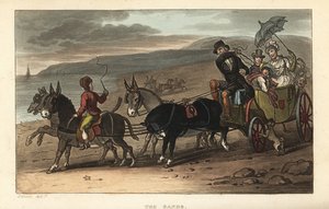 La spiaggia: turisti in una carrozza trainata da asini sulla spiaggia. Incisione a mano colorata di Thomas Rowlandson da Poetical Sketches of Scarborough, Ackermann, Londra