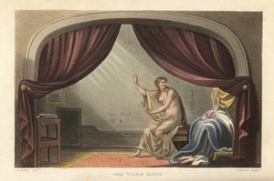 Il bagno caldo: donna nuda che fa il bagno dietro le tende in una stanza in stile Regency. Si dice sia un ritratto di Mary Robinson, amante di Re Giorgio IV. Incisione a mano colorata di Thomas Rowlandson, acquaforte di J. Bluck, da uno schizzo di J. Green