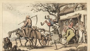 Lo scheletro della Morte e il vecchio Tempo vengono a prendere il vecchio marito di Goody Barton, ma il carro è già troppo pieno di cadaveri. da Thomas Rowlandson