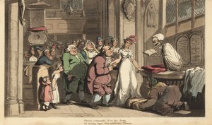 Lo scheletro della Morte come sacerdote celebra il matrimonio tra una giovane donna e un vecchio brutto. Incisione colorata a mano disegnata e incisa da Thomas Rowlandson da 