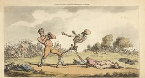 Lo scheletro della Morte combatte con un pugile a mani nude mentre un altro pugile giace a terra e la folla fugge terrorizzata da Thomas Rowlandson