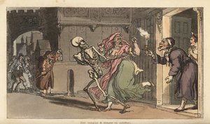 La morte porta via una virago da una casa mentre una guardia notturna con lanterna osserva. Incisione a mano colorata di Thomas Rowlandson da The English Dance of Death, Ackermann, Londra