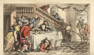 Lo scheletro della Morte arriva per un cacciatore mentre si nasconde sotto un tavolo dopo una caccia alla volpe. Incisione a mano colorata disegnata e incisa da Thomas Rowlandson da The English Dance of Death, Ackermann, Londra