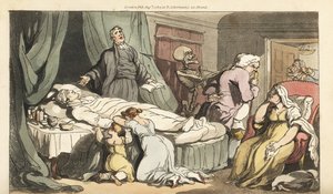 Lo scheletro della Morte viene per il dottore, mentre il prete prega sul corpo morto di un brav
