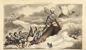 Lo scheletro della Morte tiene il timone su una barca a remi che sfugge a un naufragio, mentre il suo equipaggio disperato rema verso la riva e i passeggeri annegano nelle onde. Incisione colorata a mano disegnata e incisa da Thomas Rowlandson da The Engli