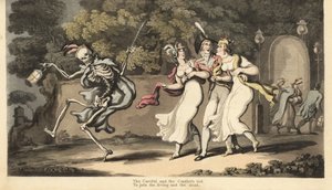 Lo scheletro della Morte in mantello e cappello danza con una lanterna davanti a un dandy in uniforme e due bellezze in abiti di mussola e scialli. Il negligente e il prudente. Incisione colorata a mano disegnata e incisa da Thomas Rowlandson da 