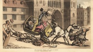 Lo scheletro della Morte in mantello e cappello guida una carrozza a due cavalli che si schianta contro lavori stradali uccidendo il suo passeggero, un ufficiale di corte. Incisione a mano colorata su rame disegnata e incisa da Thomas Rowlandson da The Eng da Thomas Rowlandson