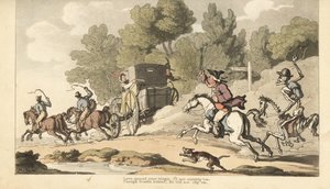 Lo scheletro della Morte si unisce a un padre irato mentre cerca di fermare la sua unica figlia che fugge con un soldato in una carrozza per Gretna Green da Thomas Rowlandson