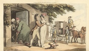 Lo scheletro della Morte conduce un vecchio in un mausoleo, lasciando la sua giovane vedova libera di risposarsi. Incisione colorata a mano disegnata e incisa da Thomas Rowlandson da The English Dance of Death, Ackermann, Londra