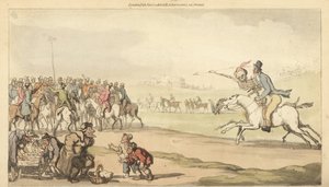 Lo scheletro della Morte cavalca con un uomo verso il traguardo di una pista da corsa, mentre i bambini giocano a lotto. Incisione colorata a mano disegnata e incisa da Thomas Rowlandson da 