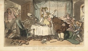Lo scheletro della Morte con dardo e clessidra arriva per il goloso mentre banchetta. Incisione colorata a mano disegnata e incisa da Thomas Rowlandson da 