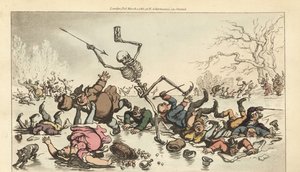 Lo scheletro della Morte con dardo e clessidra pattina su uno stagno ghiacciato mentre altri pattinatori cadono attraverso il ghiaccio rotto. Incisione a mano colorata su rame disegnata e incisa da Thomas Rowlandson da The English Dance of Death, Ackermann