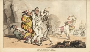 Lo scheletro della Morte con clessidra e dardo arriva per un Pierrot e altri clown, mentre un arlecchino danza con una donna su una spiaggia. Incisione colorata a mano disegnata e incisa da Thomas Rowlandson da The English Dance of Death, Ackermann, Londra da Thomas Rowlandson