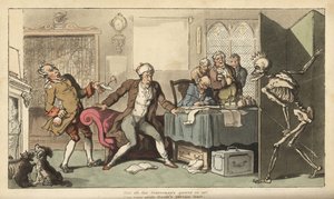 Lo scheletro della Morte sorprende lo statista nel suo ufficio con la sua corona e il dardo emergendo da dietro uno schermo. Incisione colorata a mano disegnata e incisa da Thomas Rowlandson da 