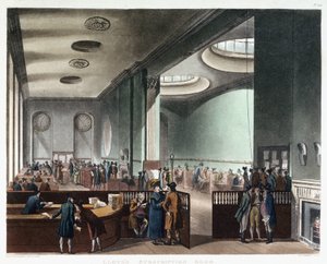 La sala di sottoscrizione di Lloyd di Londra, una compagnia di assicurazioni che iniziò a commerciare nel caffè di Edward Lloyd (morto nel 1713), in Tower Street a Londra, Inghilterra, nel XVII secolo da Thomas Rowlandson