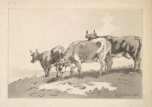 Tre mucche in piedi sul crinale di un campo da Thomas Rowlandson