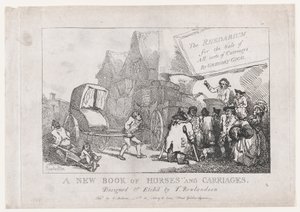 Pagina del titolo: Un nuovo libro di cavalli e carrozze, o, Il Rhedarium per la vendita di tutti i tipi... da Thomas Rowlandson